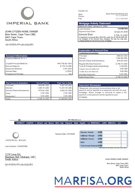 Printable South Africa Imperial bank mortgage statement in Word and PDF formats download for verification